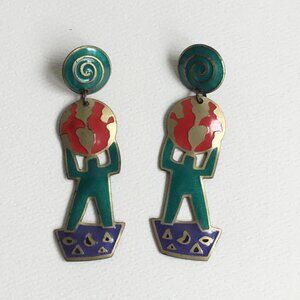 Vintage Edgar Berebi Enamel Figure World Earth Pierced Dangle Drop Earrings
